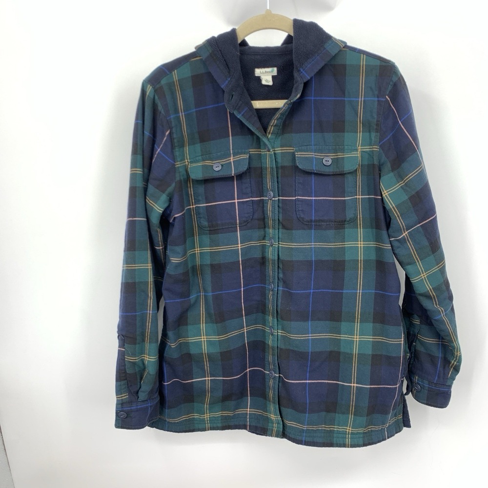 LL Bean Women Size Small Shirt Button Top Blue Green Flannel Hoodie Fleece Lined